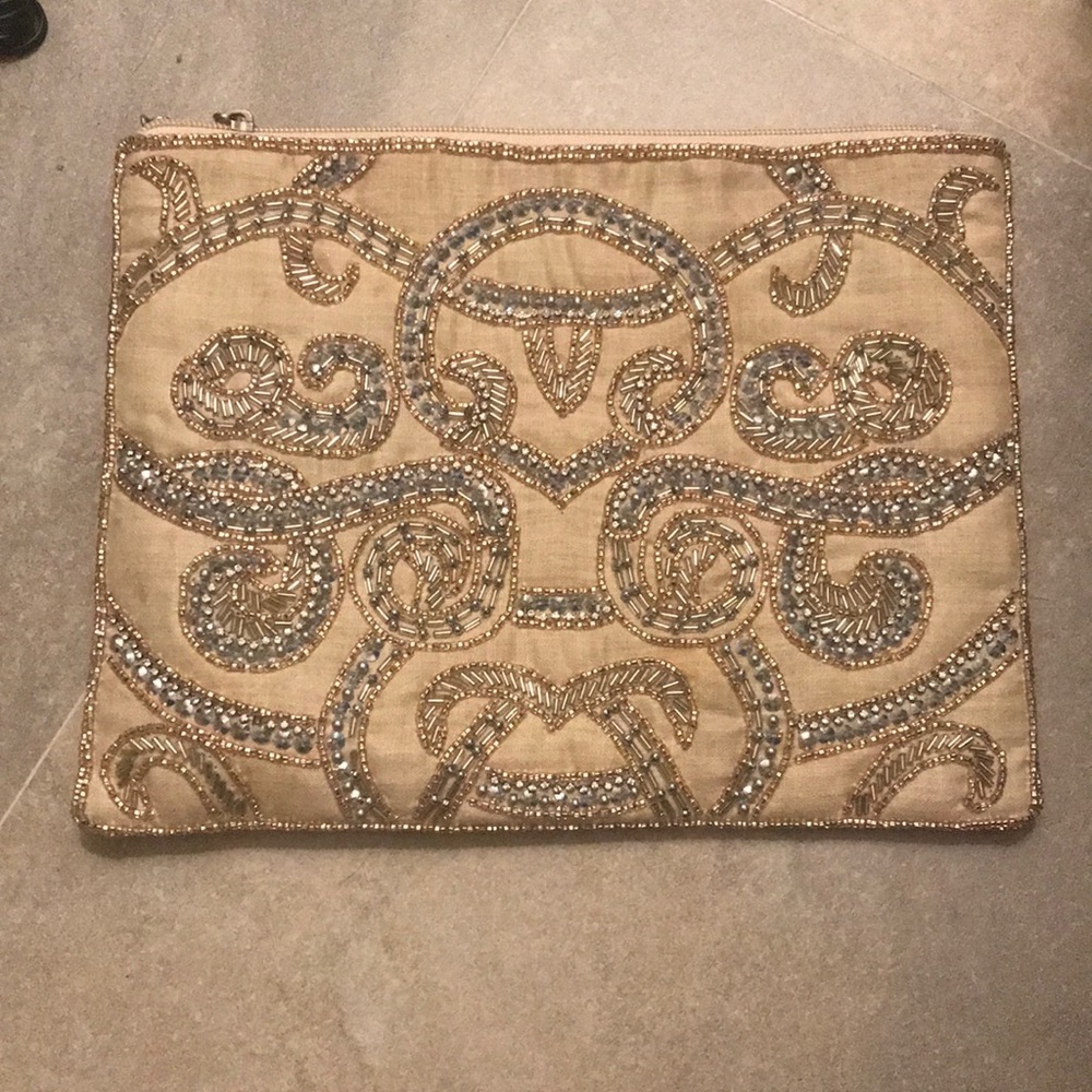 LuLu’s Beige Clutch Purse w/ Gold & Silver Beading